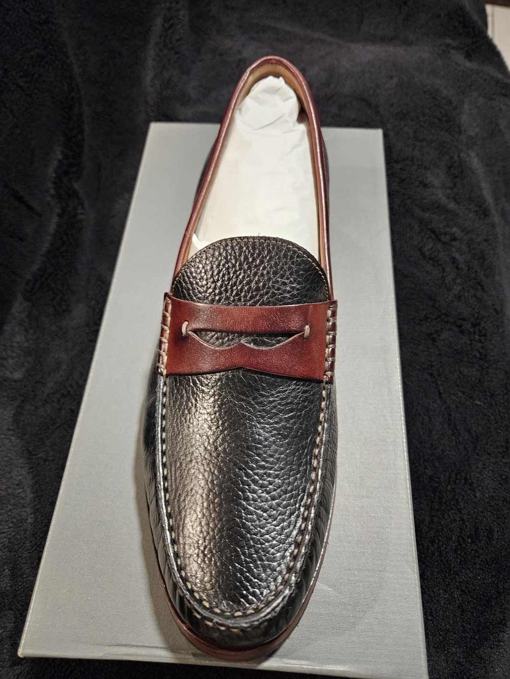 Johnston & Murphy Black Pebbled Leather Penny Loafer with Brown Accent